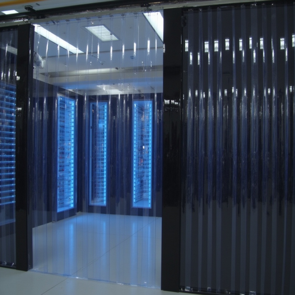 Anti-static PVC strip curtains hanging in a data centre to prevent sparks