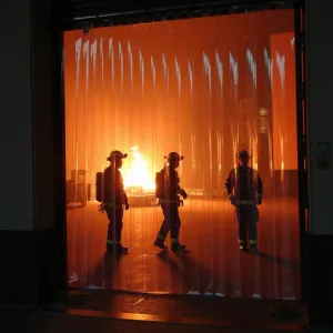 Fire retardant PVC strip curtains in warehouse doorway with fire in the background