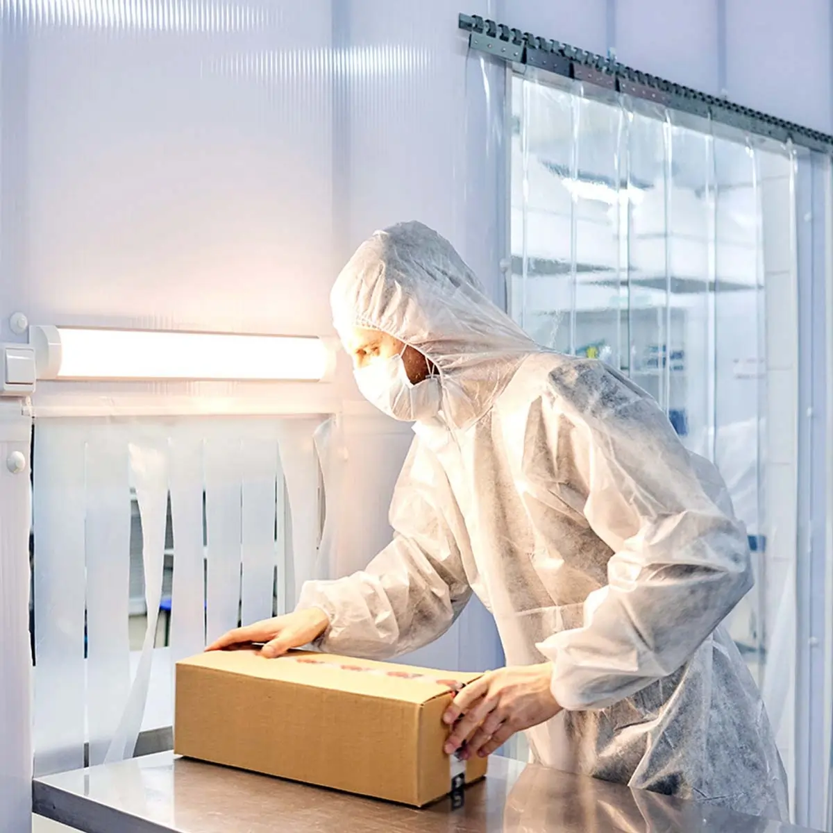 Medical Worker working in a Clean Room with Antibacterial PVC Strip Curtains in the background