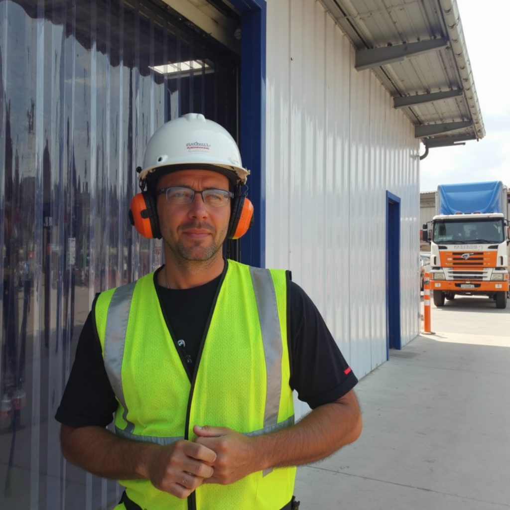 soundproof PVC strip curtains in a warehouse doorway