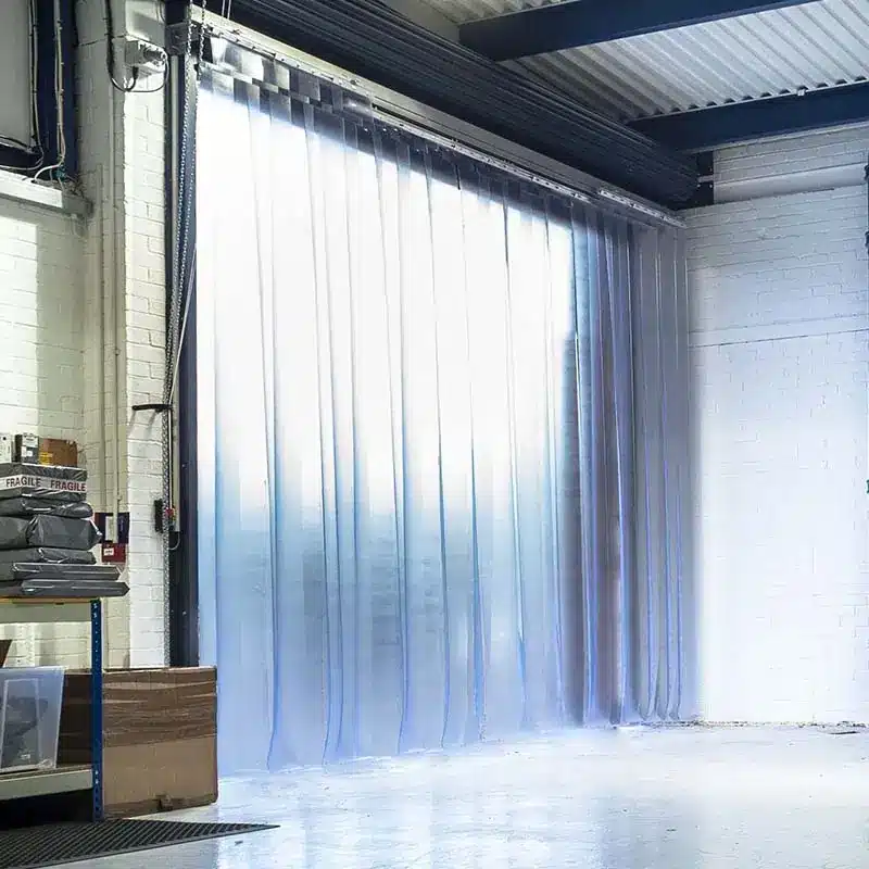Frosted matt PVC strip curtains in a warehouse seen from the inside