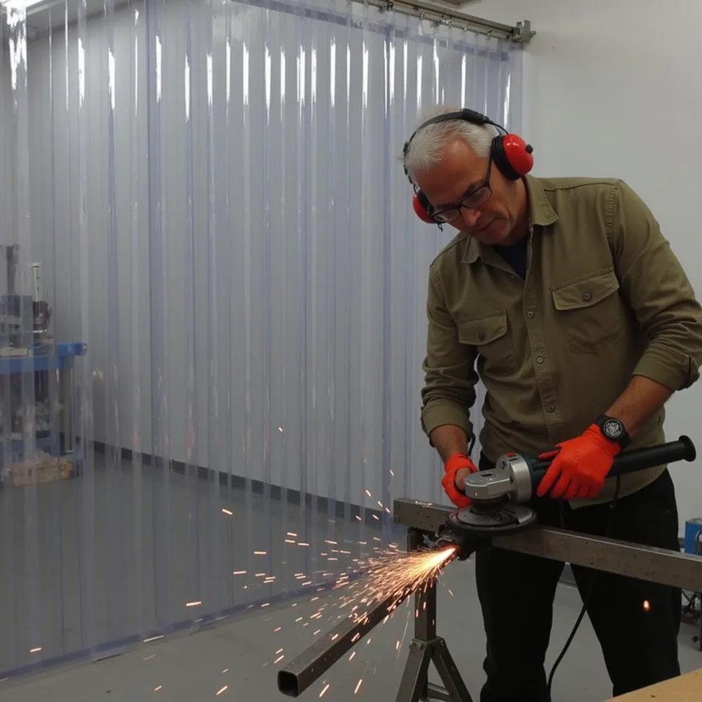 Soundproof PVC strip curtains in a warehouse doorway with a man cutting a metal beam