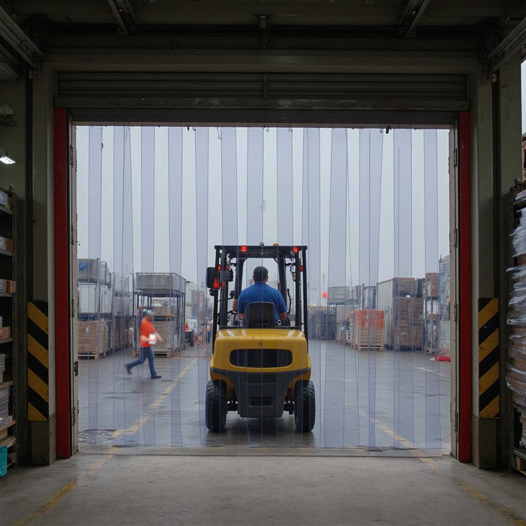Forklift driving through PVC strip curtains in a warehouse doorway with rain outside but it is dry inside the warehouse